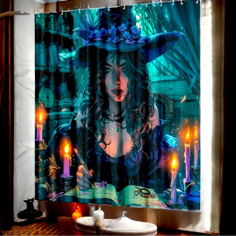 Exquisite Witch Shower Curtain‎ Waterproof Fabric with 12 White Plastic Hooks